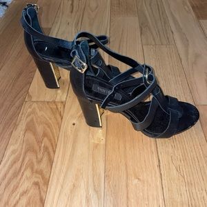 White House Black Market Black and Gold Strappy Heels